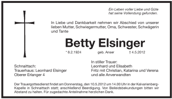 Traueranzeige von Betty Elsinger von Pegnitz-Zeitung